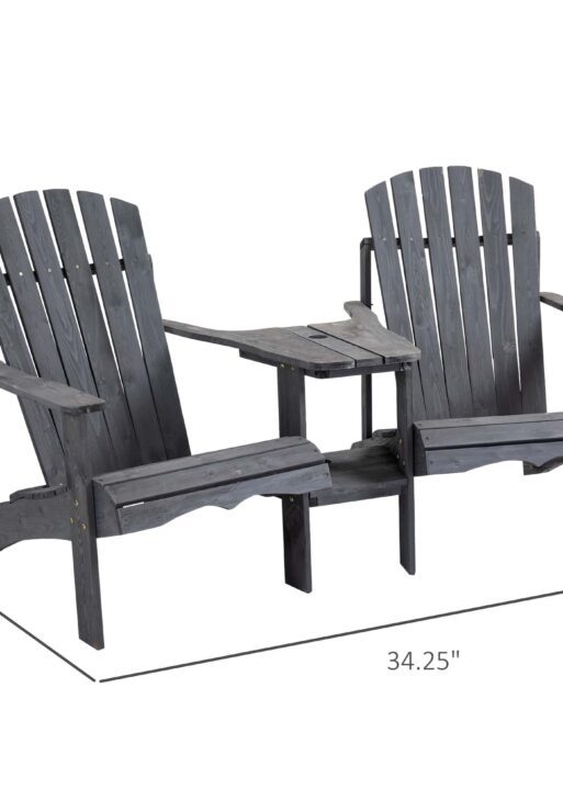 Outdoor Wood Adirondack Chair Reclined Bench w/ Coner Table & Umbrella Hole