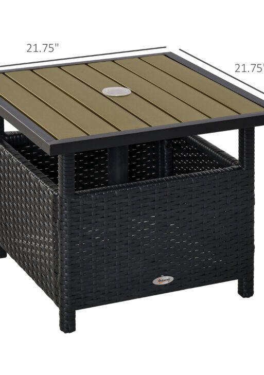22" Outdoor Side Table with Umbrella Hole, Rattan Wicker End Table with Sand Bag and Steel Frame for Outdoor, Patio, Garden, Backyard, Black & Tan
