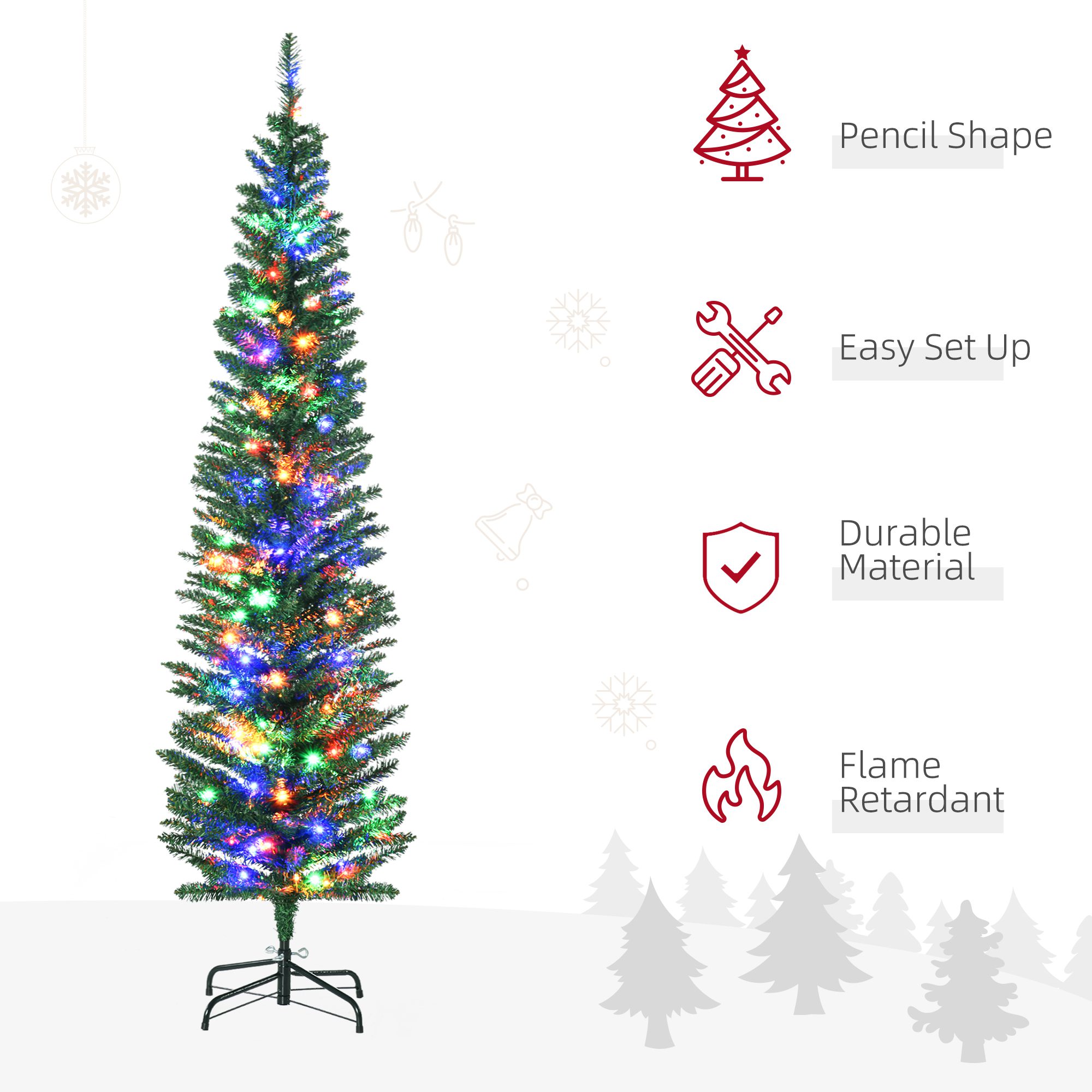 6' Artificial Pencil Christmas Trees Holiday Decoration with Colorful LED Lights, Steel Base, Skinny Shape - Image 2
