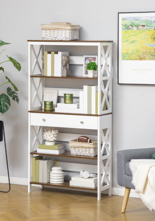 4-Tier Shelving Bookcase Storage Cupboard with Pull Out Drawer, and Wooden Frame with X Bar Stability, White