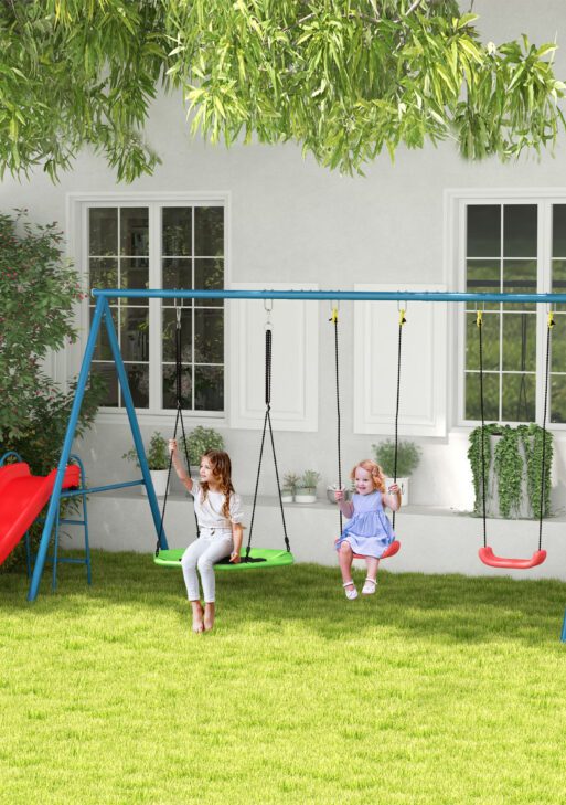 Metal Swing Set for Backyard, 3 in 1 Design with 1 Nest Swing, 2 Seats, 1 Slide, Holds Up to 352 lbs. for Ages 3-8
