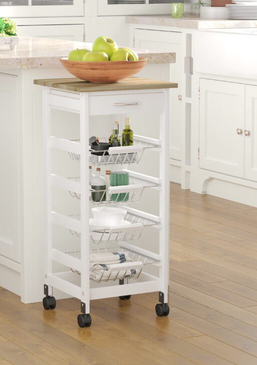 Mobile Kitchen Cart, Rolling Kitchen Island with Storage, Solid Wood Frame Utility Cart with Wire Fruit Baskets and Drawer, White