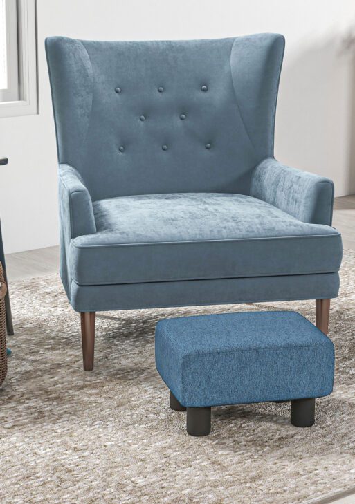 Ottoman Foot Rest, Small Foot Stool with Linen Fabric Upholstery and Plastic Legs, Cube Ottoman for Living Room, Blue