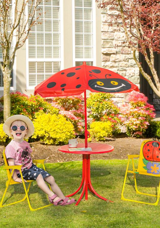 Kids Table and Chair Set, Outdoor Folding Garden Furniture, Picnic Table for Patio Backyard, with Removable & Height Adjustable Sun Umbrella, Aged 3-6 Years Old, Red