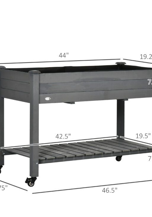 47" x 21" Raised Garden Bed Elevated Wooden Planter Box w/ Lockable Wheels, Storage Shelf for Backyard, Dark Gray