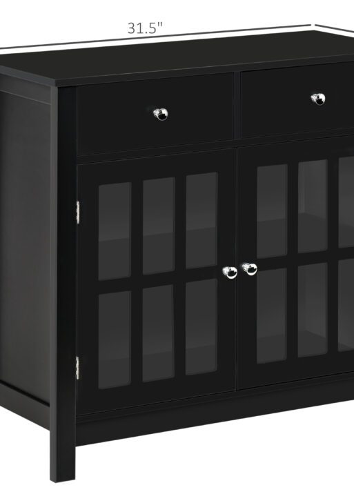 Sideboard Buffet Cabinet, Storage Cupboard with Glass Doors, Adjustable Shelf and 2 Drawers for Kitchen, Black