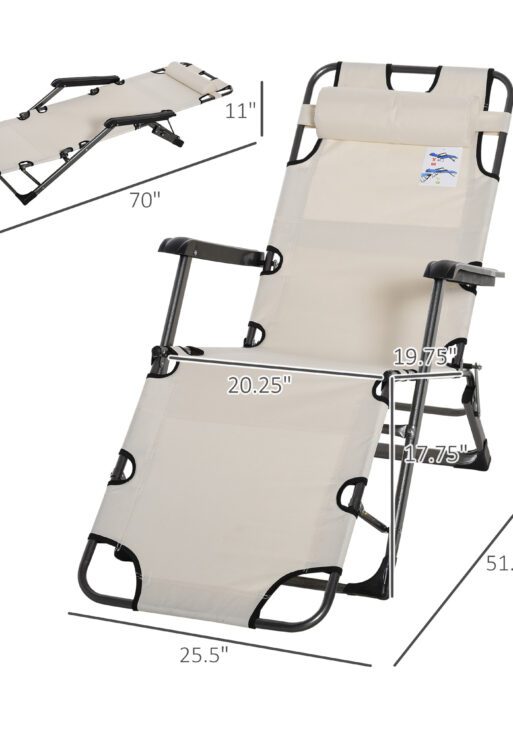 Folding Chaise Lounge Chair for Outside, 2-in-1 Tanning Chair with Pillow & Pocket, Adjustable Pool Chair for Beach, Patio, Lawn, Deck, Cream White