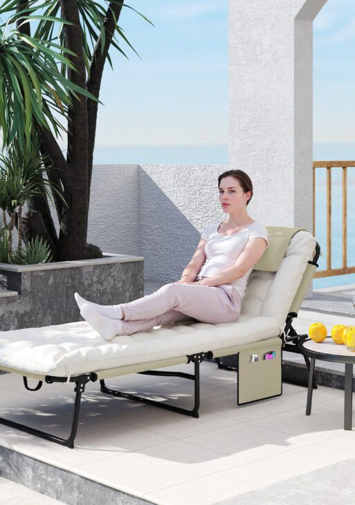 Folding Chaise Lounge Pool Chair with 4-level Reclining Back, Cushion, Side Pocket, Headrest, Beige