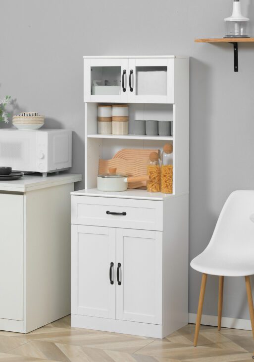 Freestanding Kitchen Pantry, 4-Door Buffet Cabinet with Hutch, Coffee Bar with Adjustable Shelves, 63.5 Inches, White