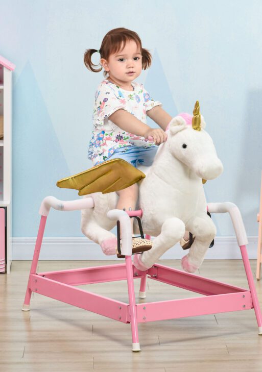Kids Spring Rocking Horse Unicon, Ride on Horse for Girls and Boys with Animal Sounds, Plush Animal Ride-on Toy with Soft Feel, Interactive Toy for Kids, Pink