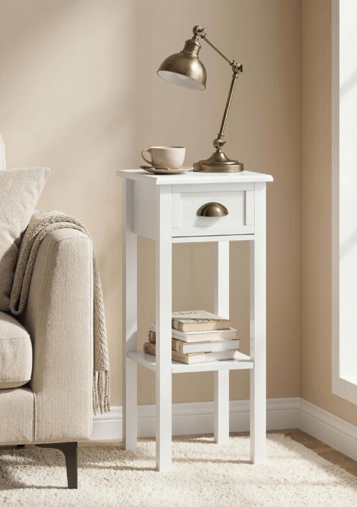 2-Tier Side Table with Drawer and Shelf, End Table for Living Room and Hallway, White