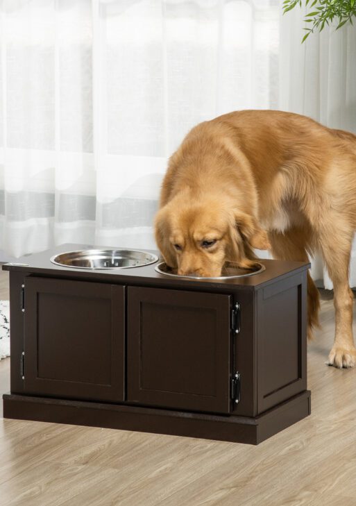 Elevated Dog Bowls with Storage, Two Stainless Steel Bowls for Large Dogs, Coffee