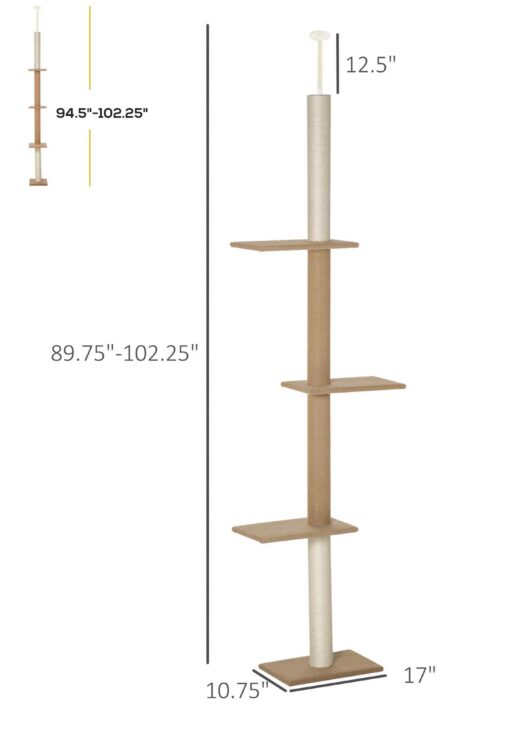 Floor-to-Ceiling Cat Tree Cat Climbing Tower with Sisal-Covered Scratching Posts Natural Cat Tree Activity Center for Kittens Cat Tower Furniture, Light brown