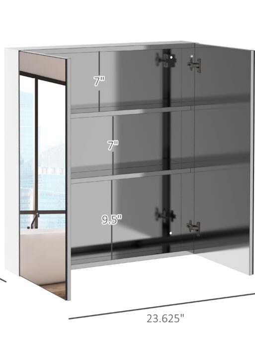 Bathroom Mirrored Cabinet, 24"x26" Stainless Steel Frame Medicine Cabinet, Wall-Mounted Storage Organizer with Double Doors, Silver