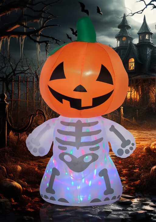6ft Halloween Inflatables Outdoor Decorations, Smiling Skeleton Ghost with Pumpkin Head, Blow Up LED Yard Decor for Garden, Lawn, Party, Holiday, Waterproof