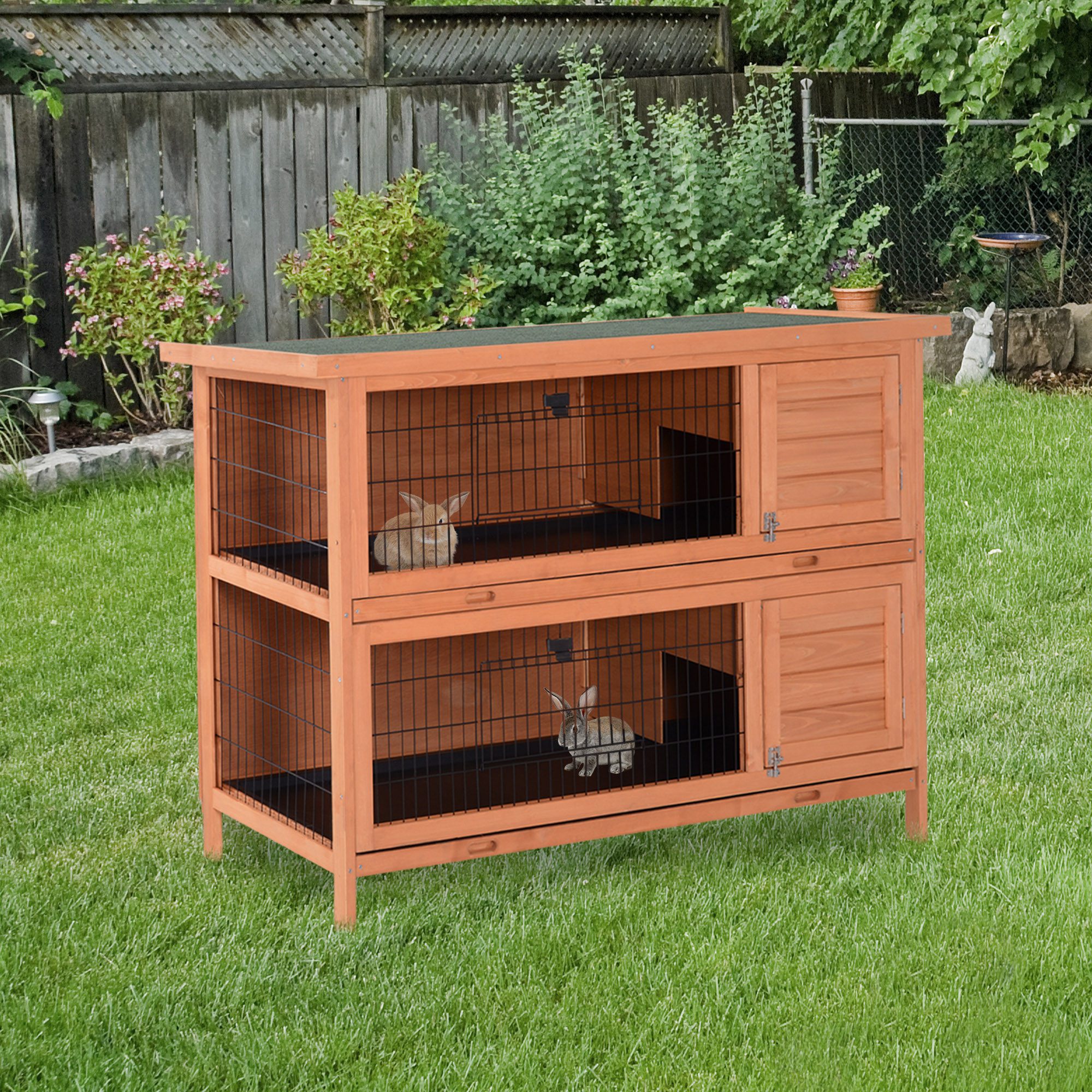 54" 2-Story Large Rabbit Hutch Bunny Cage Wooden Pet House Small Animal Habitat with Lockable Doors, No Leak Tray and waterproof Roof for Rabbits, Chickens, Ducks, Outdoor/Indoor Natural