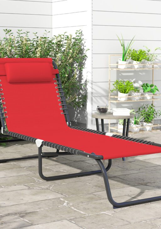 Folding Chaise Lounge Pool Chair with 4-Position Reclining Back, Pillow, Breathable Mesh & Bungee Seat, Wine Red