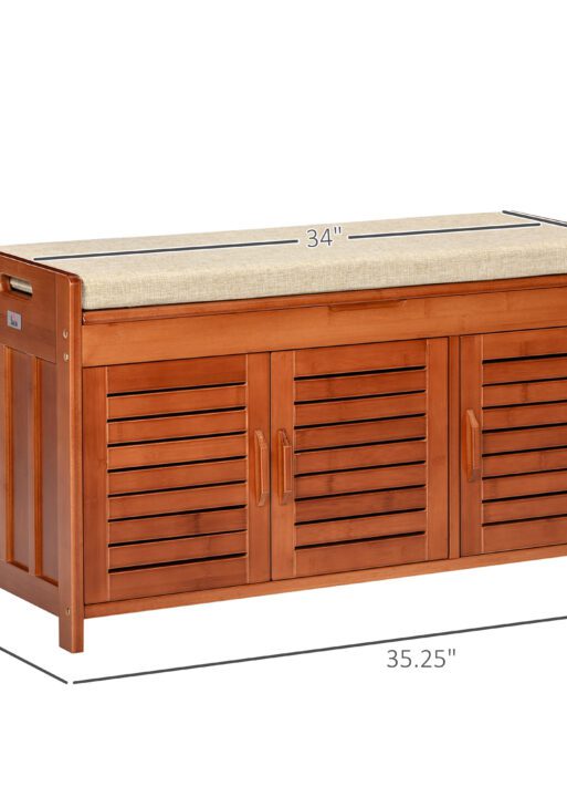 Shoe Bench with Storage Cabinets, Bamboo Entryway Bench with Seating Cushion, 3 Doors and Hidden Compartment for Hallway, Dark Cherry