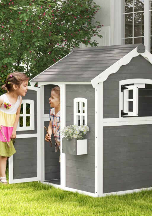 Outdoor Wooden Playhouse for Kids with Floor, Door, Windows, Planter Box for 3-8 Years Old, Backyard, Lawn, Garden