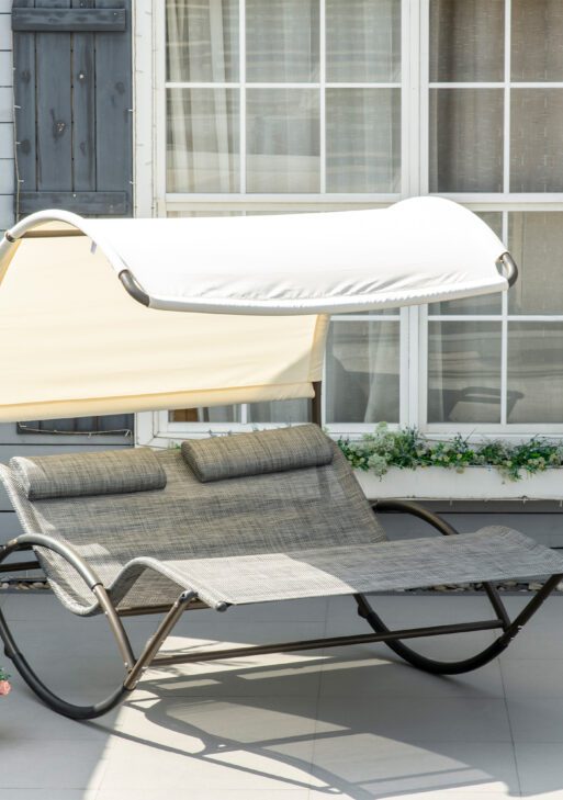 Outdoor Double Chaise Rocking Chair, Day Bed Sun Lounger with Canopy Shade, Headrest Pillow, Armrests for Garden, Poolside, Light Gray