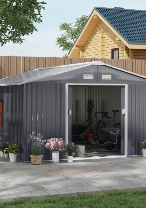 11' x 13' Garden Metal Shed, Storage Shed Utility Storage with Double Locking Doors for Bike, Yard Tools, Dark Gray