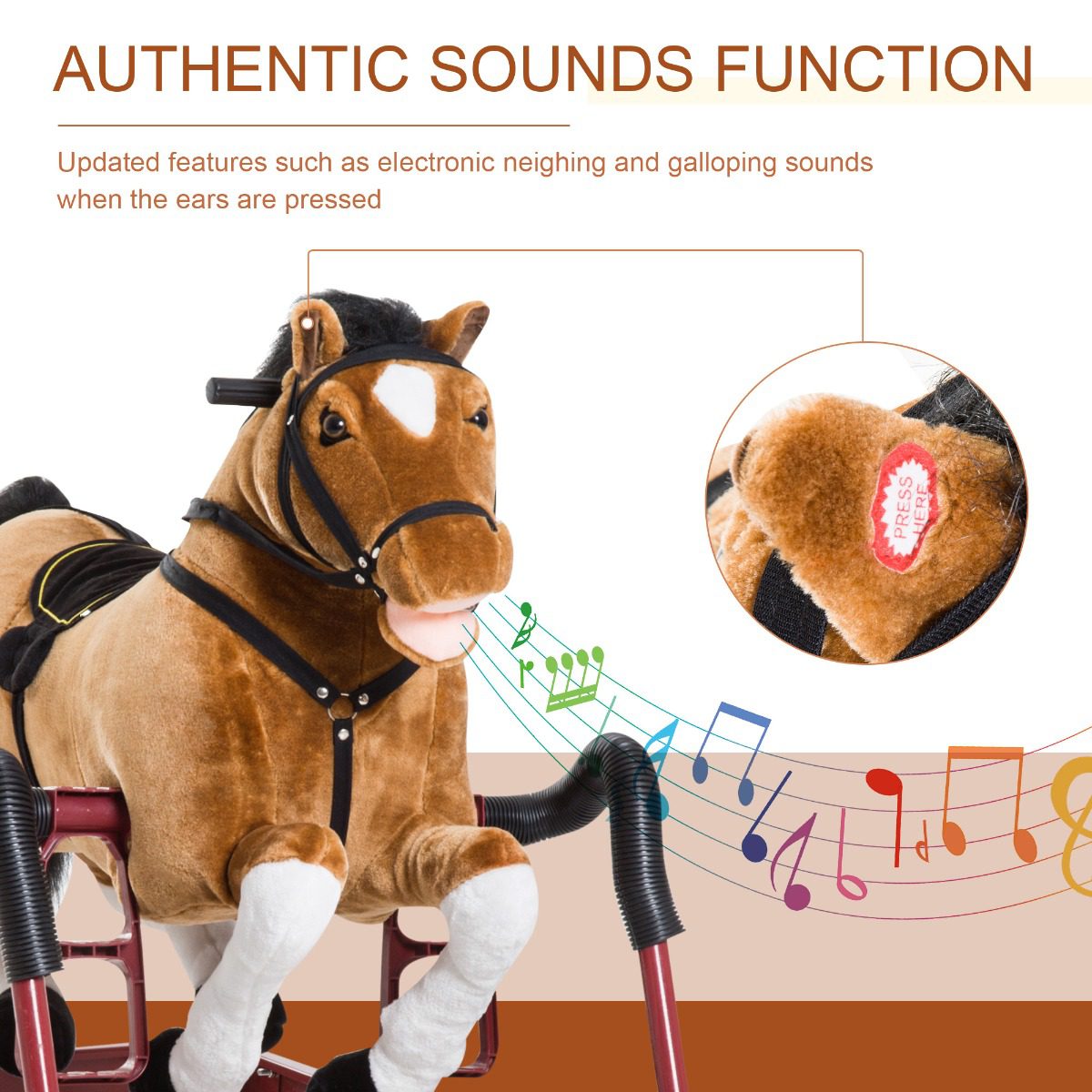 Durable Kids Plush Spring Rocking Horse, Ride On Rocking Horse with Realistic Sounds, Brown - Image 3