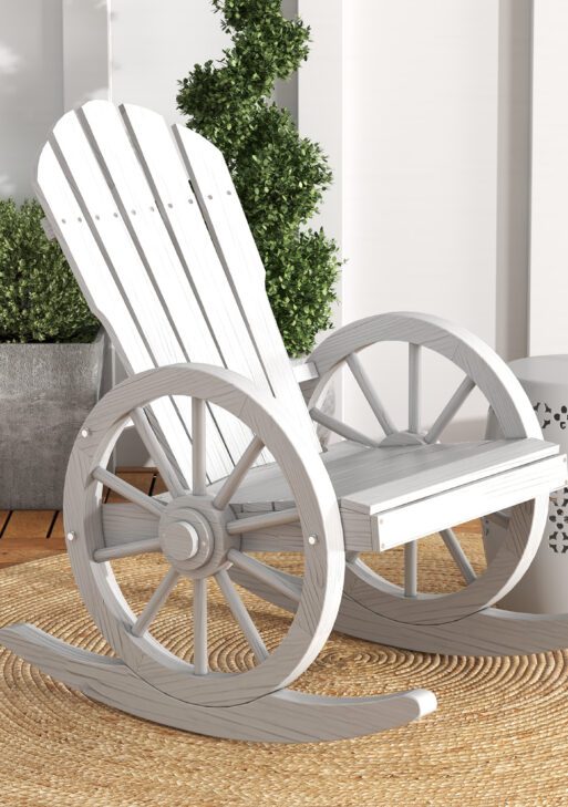 Wooden Rocking Chair, Adirondack Rocker Chair w/ Slatted Design and Oversized Back, for Porch, and Garden, White