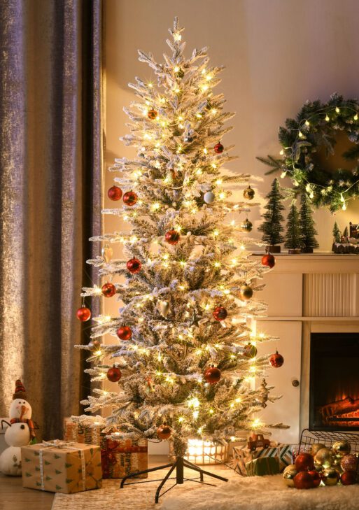 6' Pre Lit Artificial Flocked Christmas Trees, with Snow Branches, Warm Yellow Clear Lights, Auto Open, Extra Bulb