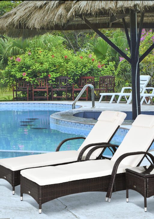 Wicker Outdoor Chaise Lounge Chair Set of 3 with Side Table, 5-Level Adjustable Backrest PE Rattan Pool Lounge Chair with Wheels, Cushion & Headrest, Brown and Cream White