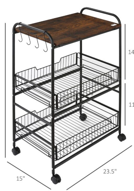 3 Tier Kitchen Cart with Storage, Rolling Kitchen Island Cart with 2 Sliding Fruit Basket and Side Hooks for Dining Room, Rustic Brown