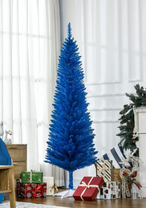 6FT Decorated Christmas Tree, Pencil Christmas Tree with 390 Realistic Branch Tips and Plastic Stand, Blue