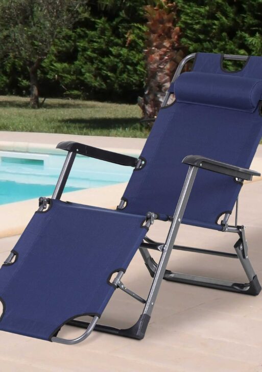 Folding Chaise Lounge Chair for Outside, 2-in-1 Tanning Chair with Pillow & Pocket, Adjustable Pool Chair for Beach, Patio, Lawn, Deck, Navy