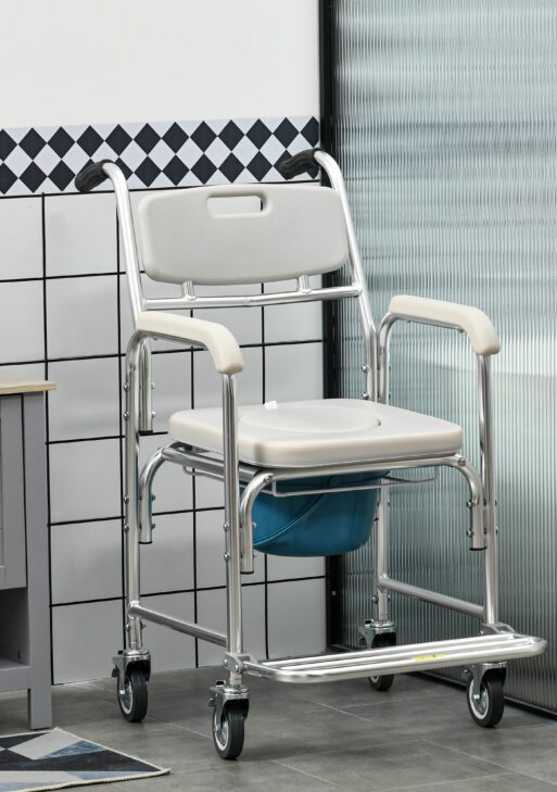 3-in-1 Shower Commode Wheelchair, FSA/HSA Eligible Transport Beside Commode Chair, Waterproof Rolling Over Toilet Chair 330 lbs. Weight Capacity with Padded Seat, Gray