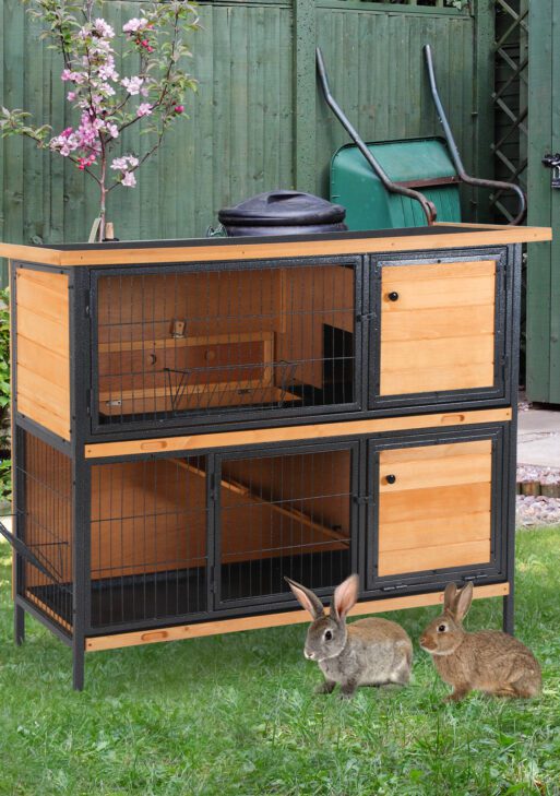 48" 2-Story Large Rabbit Hutch Bunny Cage Wooden Pet House Metal Frame with Rooms, Ramp, No Leak Tray, Feeding Trough, Waterproof Asphalt Roof for Rabbits, Chickens, Ducks, Outdoor/Indoor