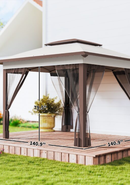 12' x 12' Pop Up Canopy Tent with Netting and Carry Bag, Instant Sun Shelter with 137 sq.ft Shade, Beige and Brown