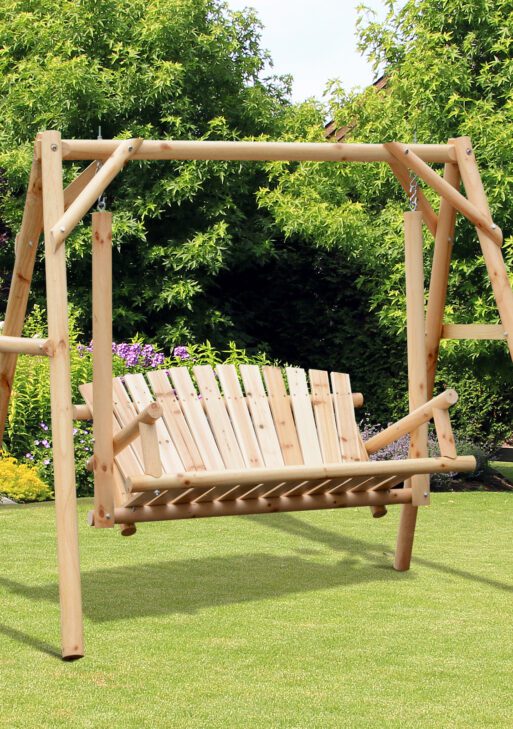 2-Seat Wooden Swing Bench, Ergonomic Design, 'A' Frame Construction, Stable and Non-Slip, Solid Wood Frame Log Garden Swing, for Outdoor and Indoor, Natural Wood