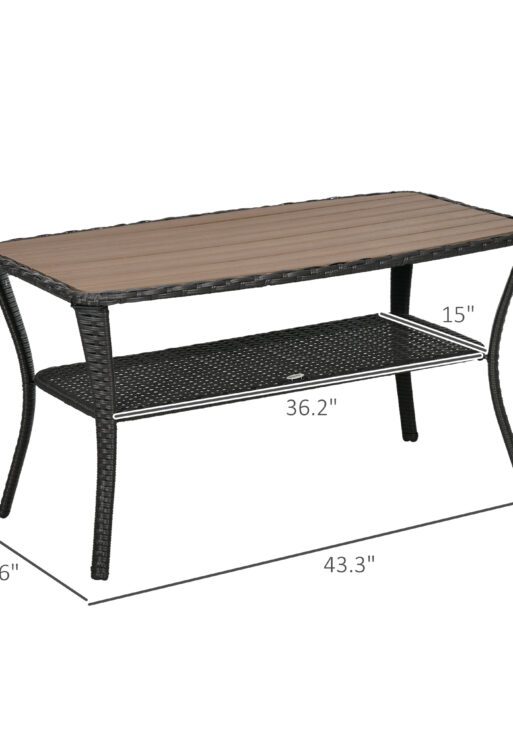 Outdoor Patio PE Rattan Coffee Table with Storage Shelf, Wicker Side Table with Wood-Plastic Composite Top, Mixed Brown