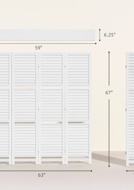 4 Panel 67" Tall Wood Privacy Screen Room Divider with 3 Shelves and Folding Storage for Bedroom, White