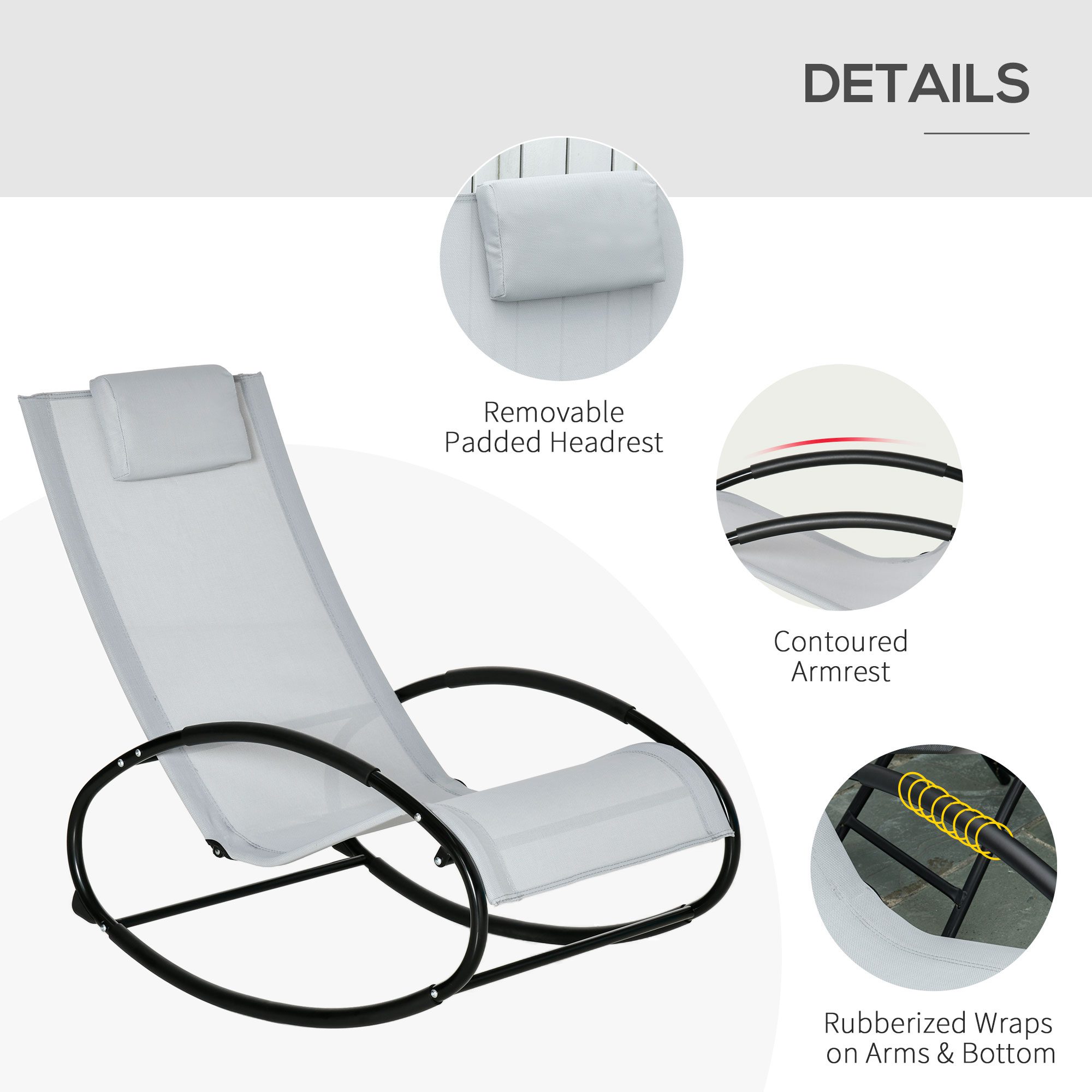 Pool Lounger, Outdoor Rocking Lounge Chair for Sunbathing, Pool, Beach, Porch with Pillow and Cool Mesh, Sun Tanning Rocker, Grey - Image 3