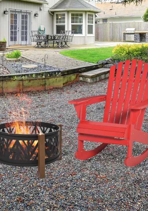 Wooden Adirondack Rocking Chair Outdoor Lounge Chair Fire Pit Seating with Slatted Wooden Design, Fanned Back, Red