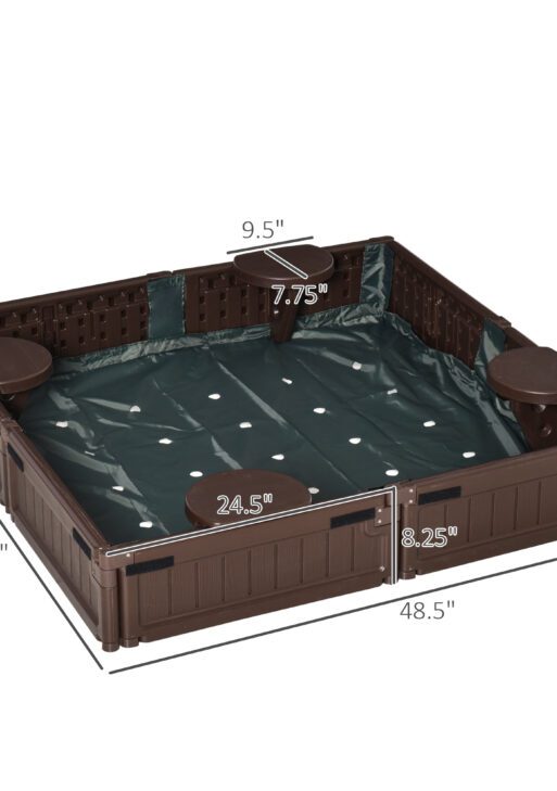 Kids Outdoor Sandbox with Cover Garden Bed, Easy Assembly for Backyard, Brown, 48.5" x 48.5" x 8.25"