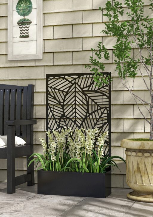 Metal Outdoor Privacy Screen with Raised Garden Bed, Privacy Panel and Planter Box, Wall-Mounted or Freestanding, Black