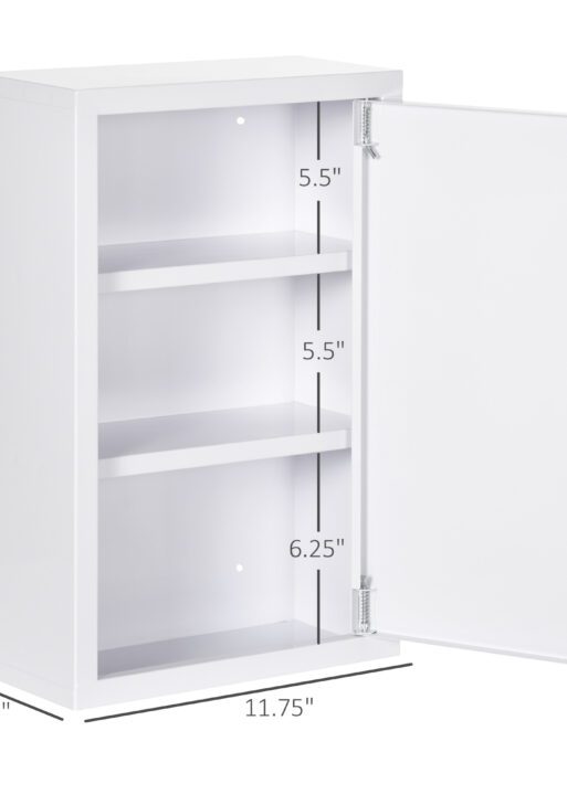 12" x 18" Lockable Medicine Cabinet, 3 Tier Steel Medical Wall Box with 2 Keys and Shelves for Bathroom, White