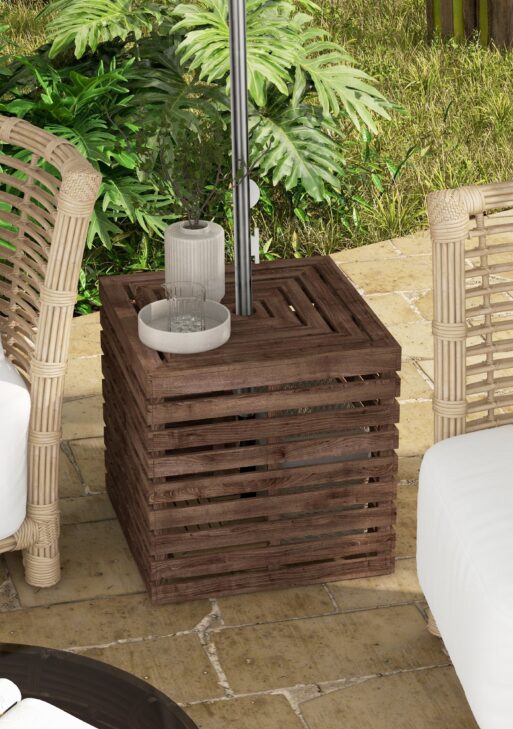 2-in-1 Outdoor Umbrella Base Storage Box, Wooden Patio Coffee Table, Brown