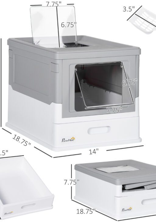 Fully Enclosed Cat Litter Box with Front Entry and Top Exit, Plastic, Gray & White