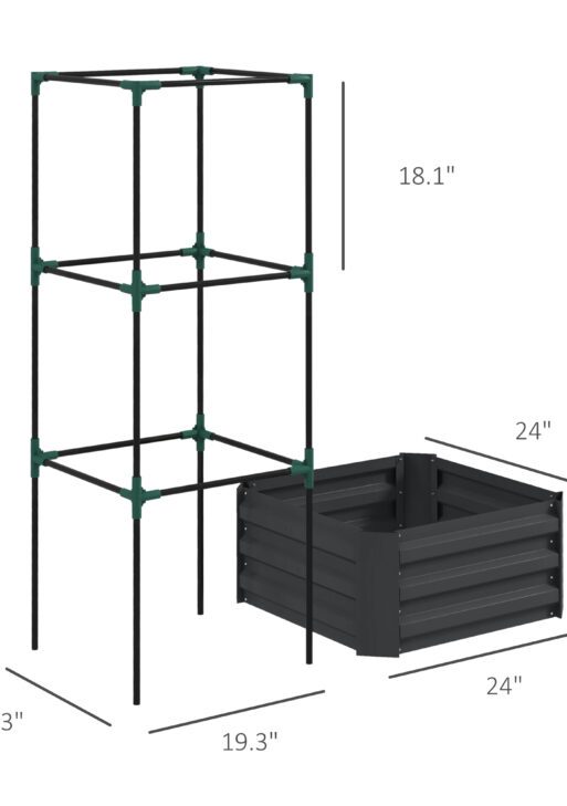 Galvanized Planter Box, 24" x 24" x 55" Raised Garden Bed with Tomato Cage for Climbing Vines, Dark Gray