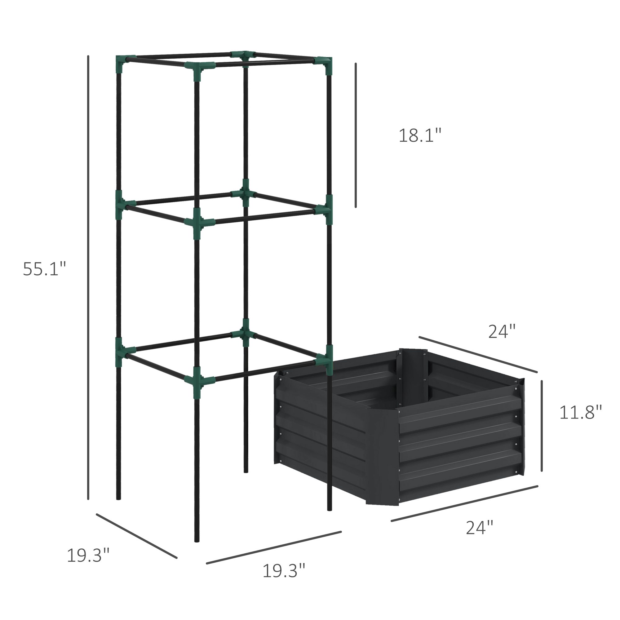 Galvanized Planter Box, 24" x 24" x 55" Raised Garden Bed with Tomato Cage for Climbing Vines, Dark Gray - Image 1