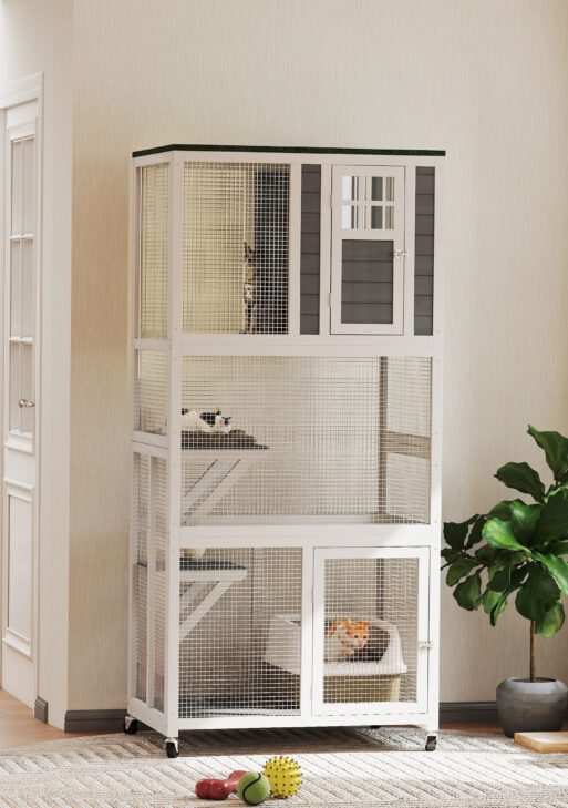 74" Wooden Catio Outdoor Cat Enclosure Weatherproof & Wheeled, Outside Cat House with High Weight Capacity, Kitten Cage Condo, White