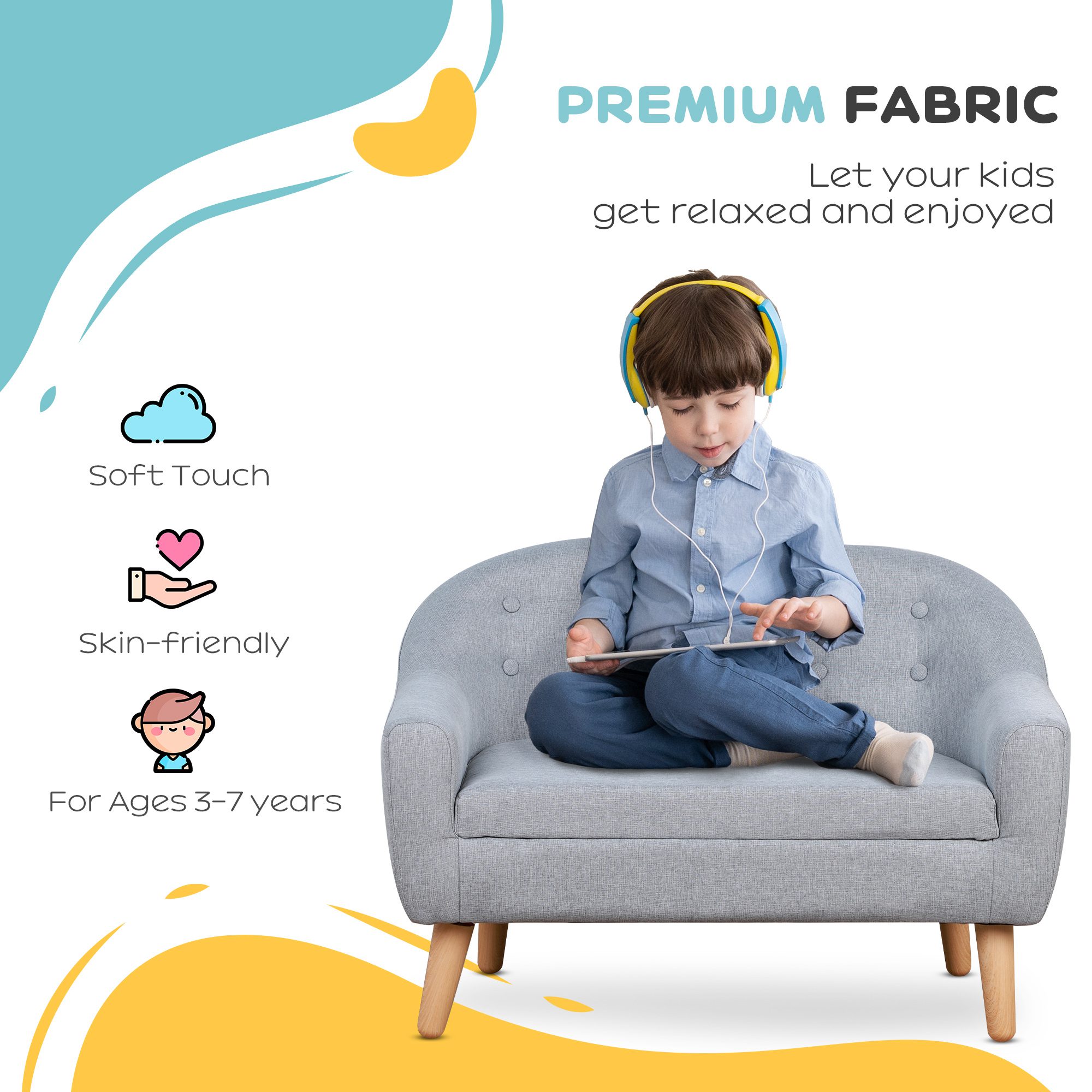 2-Seat Kids Sofa, Toddler Sofa Couch, Linen-Like Fabric & Wood Frame Sofa Chair for Ages 3-7, 11" High Seat, Gray - Image 3