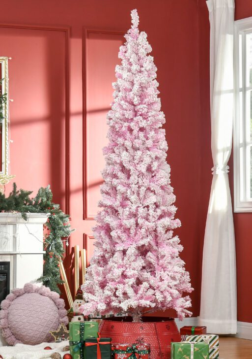 7.5ft Tall Unlit Snow Flocked Artificial Christmas Tree Slim Pencil Xmas Tree with Pine Shape and Realistic Branches, Pink